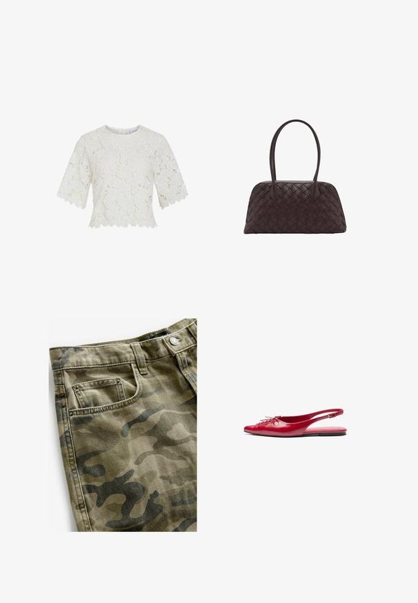Blouse en dentelle blanche à manches courtes, motif floral, ourlet en zigzag et encolure ronde. Tissu léger, détails complexes partout.; Next Short en jean - camo print; Chausson plat en cuir rouge avec un bout pointu et un détail de lacets décoratif sur le devant, présentant une fine bride à la cheville et une semelle plate.; Sac à main en cuir tissé marron avec une forme arrondie, deux poignées supérieures, et une texture lisse ; présente des coutures discrètes pour le détail du design.