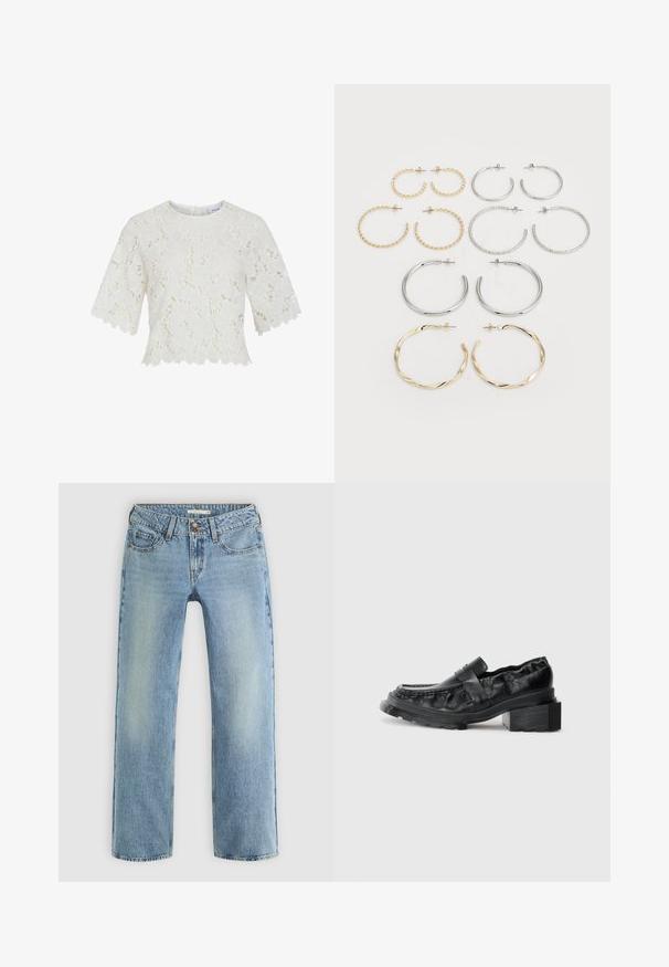Biely čipkovaný blúzko s krátkymi rukávmi, kvetinovým vzorom, zúbkovaným lemom a okrúhlym výstrihom. Ľahký materiál, s prepracovanými detailmi po celom obvode.; Svetlo modré džíny so rovnými nohavicami vyrobené z denimu, s gombíkovým zapínaním, piatimi vreckami a jemným vyblednutím pozdĺž nohavíc.; Čierne kožené loafers s pevným podrážkou, s mierne zvýšeným blokovým podpätkom a štruktúrovaným zvrškom, zabezpečené predným pásom.; Sada dvanástich kruhových náušníc v striebornej a zlatej farbe. Obsahuje skrútené, hladké a textúrované vzory v rôznych veľkostiach a povrchových úpravách.