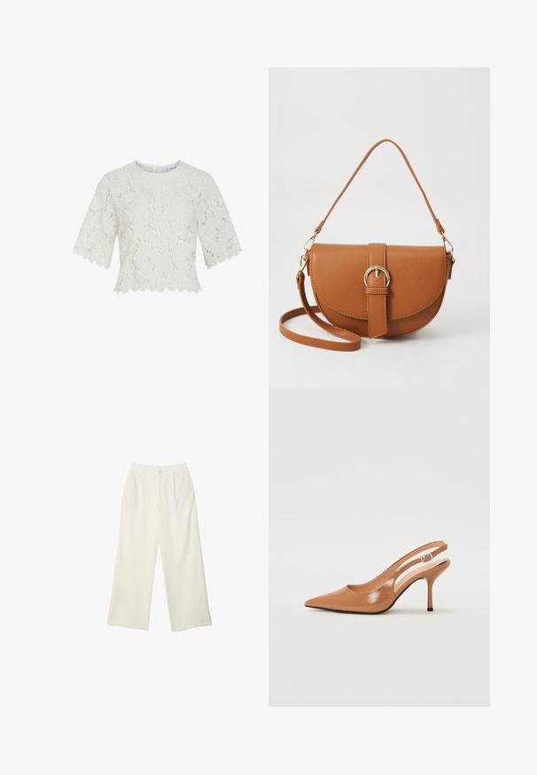 Weiße Spitzenbluse mit kurzen Ärmeln, floralen Muster, gewelltem Saum und rundem Halsausschnitt. Leichter Stoff mit filigranen Details.; Helle Stoffhose mit weitem Bein und glatter Textur, ausgestattet mit einem einzelnen Knopf vorne, dezenten Falten und einem Hochbund-Design.; Spitz zulaufender Slingback-Absatz aus einem glatten, glänzenden, tanfarbenen Material. Mit einem geschwungenen Ausschnitt-Design und einem schlanken Stiletto-Absatz. Silberne Schnallendetails.; Braune Leder-Crossbody-Tasche mit geschwungener Form, goldfarbenen Beschlägen und einer Schnallenakzentuierung. Verfügt über einen abnehmbaren Schultergurt.