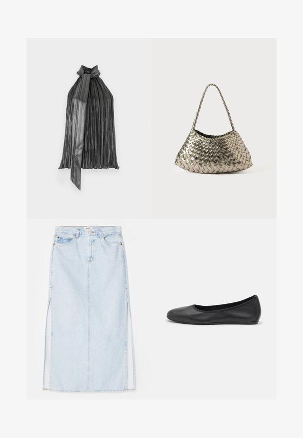 Juoda ir sidabrinė plisuota halterio viršutinė dalis su kaklo saiteliu, turinti vertikalias juosteles ir lengvą, plazdančią tekstūrą.; Baltos medvilnės T-marškinius su apvalia iškirpte ir trumpomis rankovėmis, pasižyminčiais laisvu krovu ir minimalizmo dizainu. Etiketė matoma prie kaklo.; Šviesiai mėlynas džinsinis maksi sijonas su tiesiu kirpimu, su šoninėmis išpjovomis ir penkių kišenių dizainu. Išryškintas siuvinėjimas ir metalinė sagtis.; Juodai odiniai baletai su apvaliu pirštu, lygi texture, minimalus siuvimo detales ir lanksčiu padų dizainu.; Metalinė pintinė rankinė trikampio formos, su pintu dirželiu ir aksominiu pamušalu. Spalva: sidabrinė. Tekstūra: lygi ir kaip audinys.