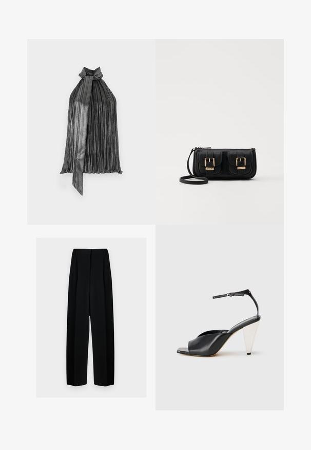 Fekete és ezüst fényes, pliszírozott pánt nélküli felső, nyakba köthető zárással, függőleges csíkokkal és légies, könnyű textúrával.; Fekete, széles szárú nadrág magas derékkal, redők és sima textúra jellemzi. Az anyag könnyűnek tűnik és elegánsan hullámzik.; Fekete bőr magassarkú szandál nyitott orral, aszimmetrikus dizájnnal, bokapánttal és fémes kúpos sarokkal. Az anyag sima textúrájú.; Fekete bőr keresztbody táska két elülső zsebbel, arany csattokkal, cipzáras záródással és vékony pánttal. Textúrált felület és kompakt téglalap alak.