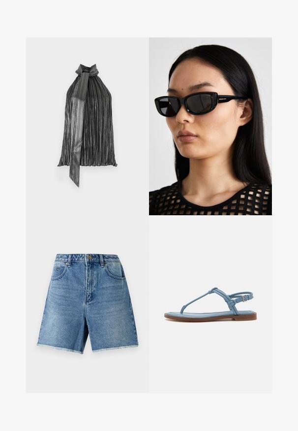 Svart og sølv plissert halterneck topp med knytelukking i nakken, med vertikale striper og en flytende, lett tekstur.; Denimshorts i lys blå, med høy midje, knappelukking, sidelommer og slitt hem for en avslappet passform.; Blå lær thong sandal med flad sål, der har et slankt stropdesign og en spænde lukning ved anklen for en sikker pasform.; Sorte katteøye-solbriller med mørke linser, blank plastisk innfatning og gulllogo på tempel. Minimalistisk design og lett vekt.