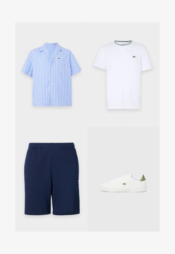 Šviesiai mėlynas trumpomis rankovėmis marškinis su baltais vertikaliais dryžiais ir priekinėmis kišenėmis, kurių viena papuošta mažuoju išsiuvinėtu krokodilo logotipu.; Balta medvilninė trumpo rankovės marškinėliai su įsiūtu apykakle, dekoruota žaliais ir juodais dryžiais; mažas žalias siuvinėtas logotipas kairėje krūtinės pusėje.; Tamsiai mėlynos šortai, pagaminti iš minkštos medžiagos, su elastinga juosmens juosta ir šoninėmis kišenėmis. Minimalistinis dizainas be matomų raštų.; Baltos sportiniai bateliai su lygaus paviršiaus tekstūra, kuriuose yra žalias akcentas kulne ir mažas siuvinėtas krokodilo logotipas šone.