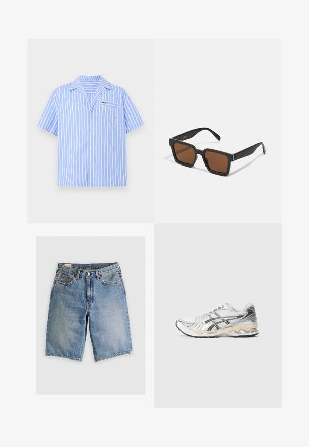 Camicia blu chiaro a maniche corte con bottoni, strisce verticali bianche e una tasca anteriore con un piccolo logo di coccodrillo ricamato.; Shorts in denim azzurro chiaro con taglio classico. Presentano cinque tasche, dettagli di cucitura arancione e orli a taglio vivo.; Scarpa sportiva bianca con accenti argento e neri, parte superiore in rete, design testurizzato, suola imbottita e un modello di battistrada flessibile.; Occhiali da sole neri a forma quadrata con lenti marroni, caratterizzati da una finitura opaca e dettagli dorati sulla montatura. Il design è angolare con aste larghe.