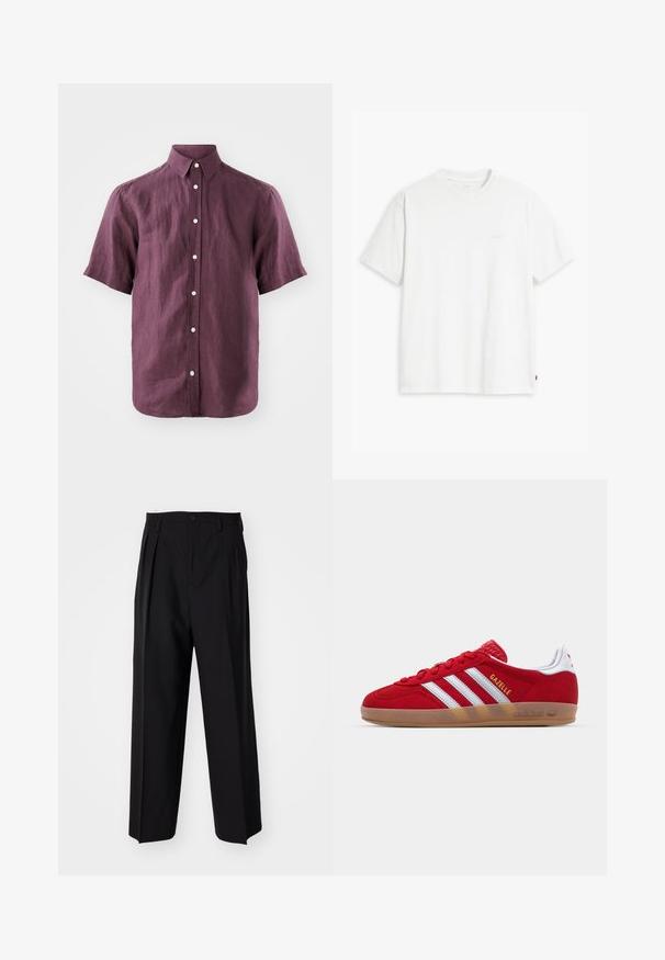 Short-sleeve, button-up shirt in dark purple linen with a classic collar and white buttons, showcasing a textured fabric.; White cotton t-shirt with short sleeves, round neckline, and a subtle "Levi's" logo printed in light color on the front.; Black pleated trousers with a straight, wide-leg design. Made from smooth fabric, featuring a button closure and belt loops.; Red suede sneaker with white three-stripe design and gold "Gazelle" text. Features a rubber gum sole and textured heel.