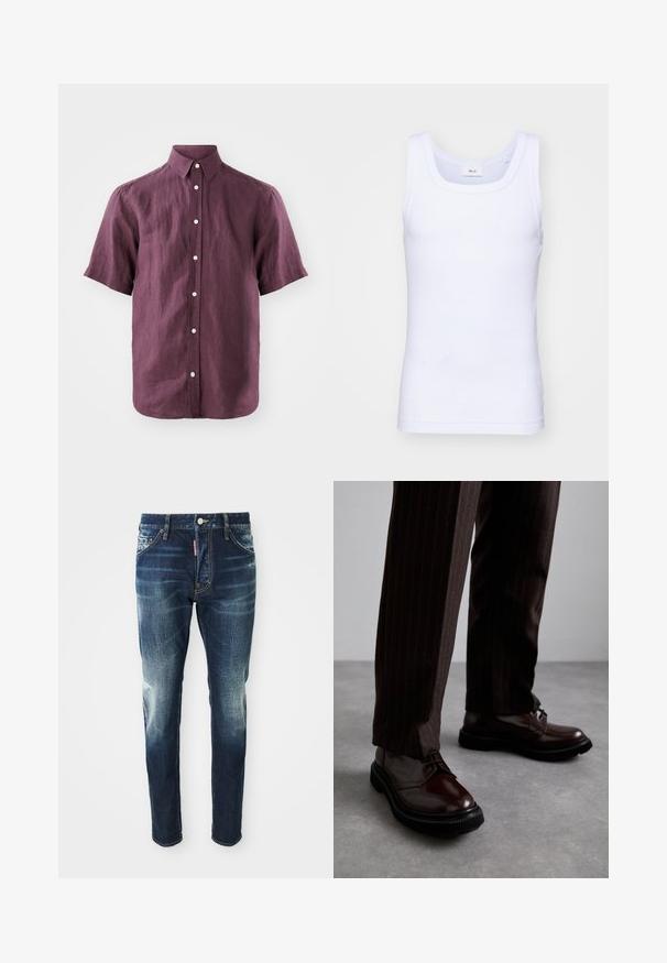 Lyhythihainen nappikauluspaita tumman violetista pellavasta klassisella kauluksella ja valkoisilla napeilla, joka esittelee teksturoitua kangasta.; Valkoinen puuvillainen hihaton toppi, jossa on pyöreä pääntie. Topissa on sileä pinta ja se on muotoiltu istuvaksi, suunniteltu rentoon käyttöön.; Tummansinisiä farkkuja, joissa on kapea malli. Farkuissa on vaalennettuja kohtia reisdissä ja polvissa, viisi taskua sekä metallinen napitus.; Ruske nahkasaapad, joissa on kiiltävä pinta, musta kumipohja ja hienovarainen ompelu. Yhdistetty raitapolkkaisiin ruskeisiin housuihin.