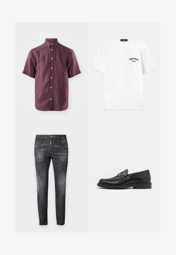 Cămașă cu mâneci scurte, cu nasturi, din in mov închis, cu guler clasic și nasturi albi, prezentând un material texturat.; Tricou alb din bumbac cu guler rotund, mâneci scurte și un logo brodat negru cu inscripția "DSQUARED2 MILANO" pe pieptul stâng.; Jeans din denim gri închis, cu o croială slim, ușor decolorate, cu semne de uzură pe coapse, cinci buzunare și un detaliu de etichetă roșie contrastantă.; Loaferi din piele neagră cu vârf rotunjit, dotati cu accente aurii și detalii de cusătură, așezați pe o talpă joasă din cauciuc texturat.