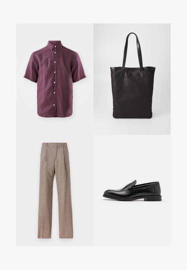 Camisa de mangas curtas, abotoada, em linho roxo escuro com colarinho clássico e botões brancos, apresentando um tecido texturizado.; Calças castanhas de cintura alta feitas de tecido texturado. Apresentam pernas largas e duas pregas frontais para estrutura. Acabamento cuidadoso sem hardware visível.; Mocassins de couro preto com uma textura suave, bico arredondado e uma faixa decorativa sobre o peito do pé. Salto baixo e empilhado, design minimalista.; Saco de lona preto com alças de couro pretas. Design simples, corpo espaçoso e textura suave. Sem logótipos ou padrões visíveis.