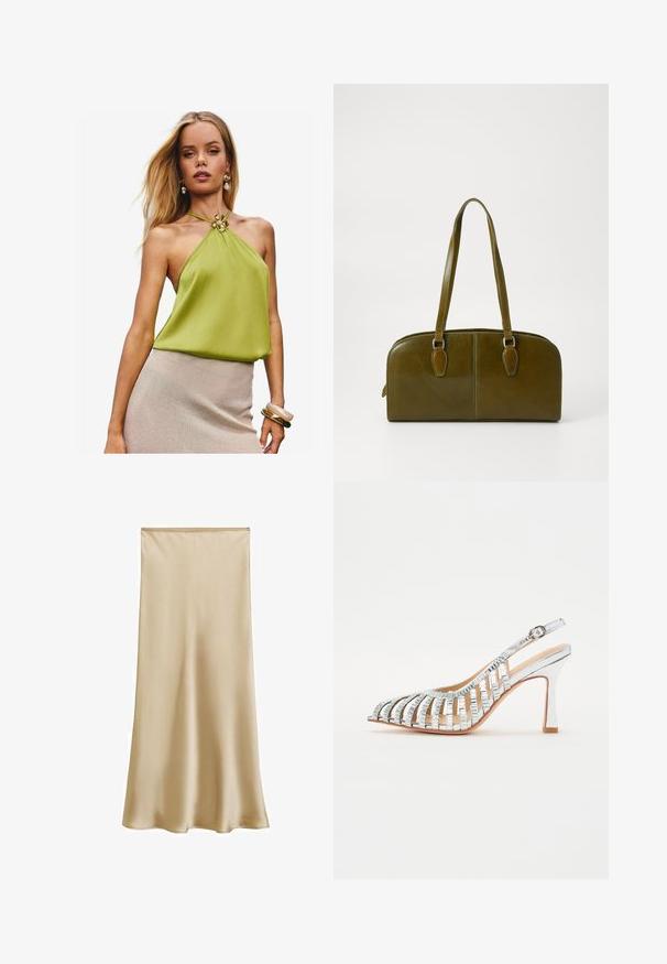 Grön halterneck-top med plisserad textur, med en guldfärgad blommig detalj vid nacken. Bärs med en beige texturerad kjol och staplade armband.; Beige satin midikjol med en mjuk textur och lätt lyster, med en figurnära midja och flödande silhuett. Inga synliga mönster eller dekorationer.; Silvriga sandaletter med hög klack, spetsig tå och öppen design, med metalliska detaljer och slingback-rem. Slät yta.; Olivgrön läderhandväska med rundad form, dubbla handtag och sömlig front. Har en len yta och subtila sömnadsdetaljer.