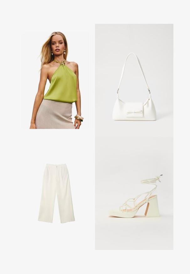 Zelena halter top s plisiranim uzorkom, s zlatnim cvjetnim detaljem na vratu. U kombinaciji s bež suknjom teksture i složenim narukvicama.; Hlače širokih nogavica od kremaste tkanine s glatkom teksturom, s jednim prednjim gumbom, suptilnim plitvicama i visokim strukom.; Bijela sandala na visokoj potpetici s debelim petom, s remenom i vezanjem oko gležnja. Glatka tekstura s platformom sprijeda za dodatnu visinu.; Bijela sintetička torbica s trokutastim oblikom, ravnim prednjim poklopcem i detaljem u obliku mašne, podesivom remenom, glatkom teksturom i minimalističkim dizajnom.
