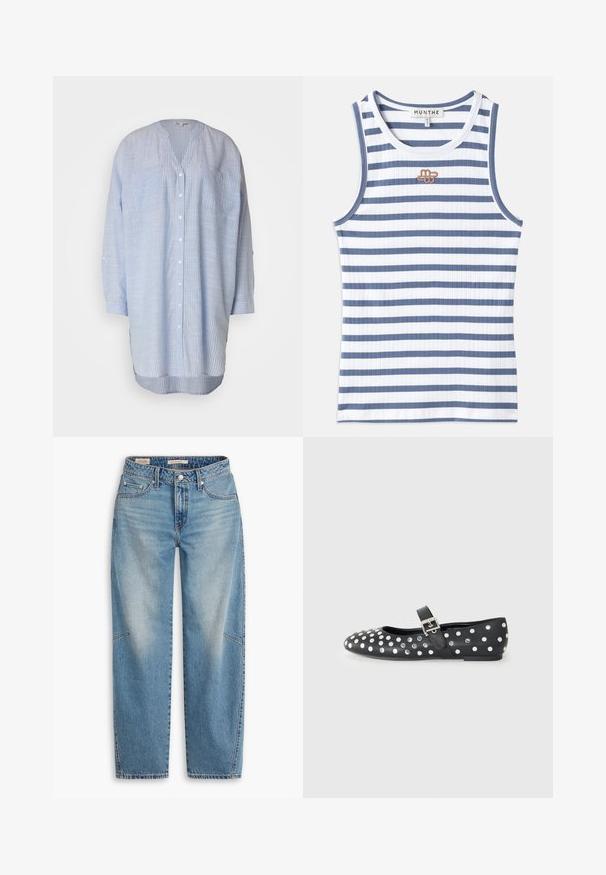 Chemise boutonnée rayée bleu clair avec un col en V, des manches longues, deux poches poitrine et un ourlet incurvé. Fabriquée en tissu léger.; Débardeur rayé présentant un tissu en ribbed bleu et blanc alterné. Le design inclut un petit logo marron sur la poitrine et une bordure bleue au niveau du col.; Jean en denim bleu clair avec une coupe ample, un design à jambes droites, une braguette boutonnée et un style à cinq poches, présentant un léger délavage et des détails de couture subtils.; Chaussure plate en cuir noir à bout rond, ornée de clous en argent disposés en motif de points et d'une sangle à boucle au niveau du cou-de-pied.