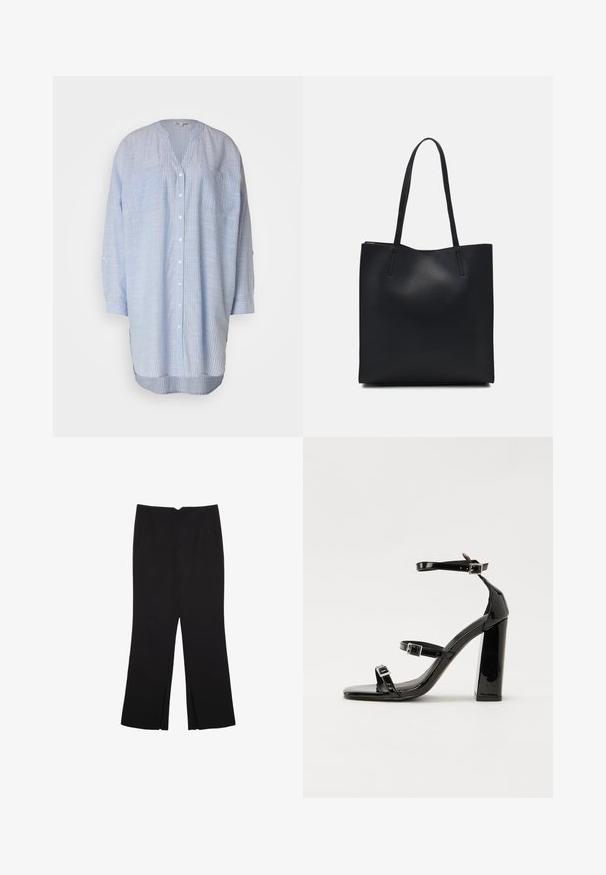Svijetloplena prugasta košulja s gumbima, V-izrezom, dugim rukavima, dva džepa na prsima i zaobljenim donjim rubom. Izrađena od laganog materijala.; Crne hlače ravnog kroja, s prednjim džepovima i bočnim prorezima na rubu. Izrađene od mekog i glatkog materijala. Pogodne za razne prigode.; Crne lakirane sandale na pete sa kvadratnim nosom, trakama oko gležnja i srebrnim kopčama. Imaju čvrst blok petu za stabilnost.; Crna kožna torba za nošenje s glatkom teksturom, pravokutnim oblikom i dvije duge ručke. Nema vidljivih metalnih dijelova ili ukrasa.