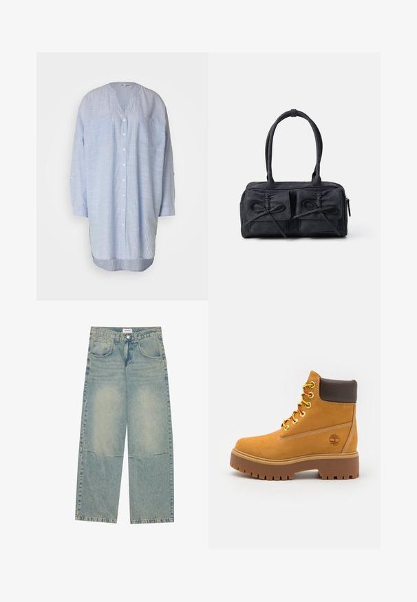 Svijetloplena prugasta košulja s gumbima, V-izrezom, dugim rukavima, dva džepa na prsima i zaobljenim donjim rubom. Izrađena od laganog materijala.; Svijetloplave široke traperice izrađene od denima, s dva prednja džepa, zatvaranjem na gumb i izblijedjelim pranjem s vidljivim šavovima.; Smešati vodootpornu gležnjaču smeđe boje s čvrstim gumenim đonom, okruglim vrhom, smešanim kožnim ovratnikom, žutim vezicama i logotipom sa strane.; Crna platnena torba sa dva prednja džepa s detaljima mašne, dvostrukim drškama i zatvaranjem na munju. Mekana tekstura i pravokutni oblik.