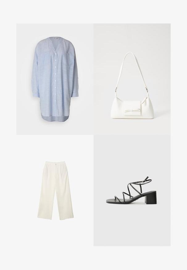 Light blue striped button-up shirt with a V-neck, long sleeves, two chest pockets, and a curved hem. Made from a lightweight fabric.; Wide-leg trousers in cream fabric with a smooth texture, featuring a single front button, subtle pleats, and a high waist design.; Black strappy sandals with a square toe and a chunky heel, made of smooth material. Features adjustable ankle straps and minimal hardware.; White synthetic handbag with a triangular shape, flat front flap and bow detail, adjustable strap, smooth texture, and minimalistic design.