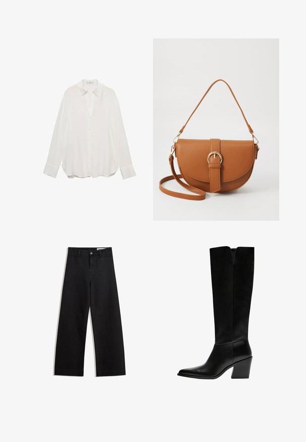 Camicia bianca a maniche lunghe con bottoni realizzata in tessuto leggero, caratterizzata da un colletto classico, orlo arrotondato e polsini con bottoni.; Pantaloni in denim neri a gamba larga con vita alta, dotati di tasche anteriori e posteriori, cuciture a punto, e chiusura con bottone. Texture liscia.; Stivali neri al ginocchio in pelle liscia, con punta appuntita, tacco a blocco e un'apertura a forma di V nella parte superiore.; Borsa a tracolla in pelle marrone con forma curvata, hardware dorato e un dettaglio con fibbia. Presenta una tracolla rimovibile.