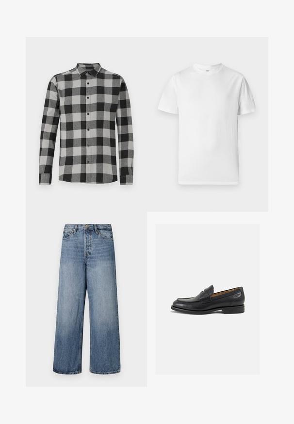 Camisa de manga larga a cuadros en negro y gris con cierre de botones. Presenta un cuello y botones negros. Confeccionada en una suave tela texturizada.; Camiseta blanca de manga corta, hecha de algodón suave. Presenta un cuello redondo y un dobladillo recto con un detalle mínimo.; Jeans de denim azul de pierna ancha con un lavado descolorido, diseño de cinco bolsillos y cierre de botón. Equipados con trabillas y detalles de costura.; Mocasines de cuero negro con un acabado suave, punta redondeada y costuras decorativas en la parte superior. Tacón bajo apilado y un ligero brillo.