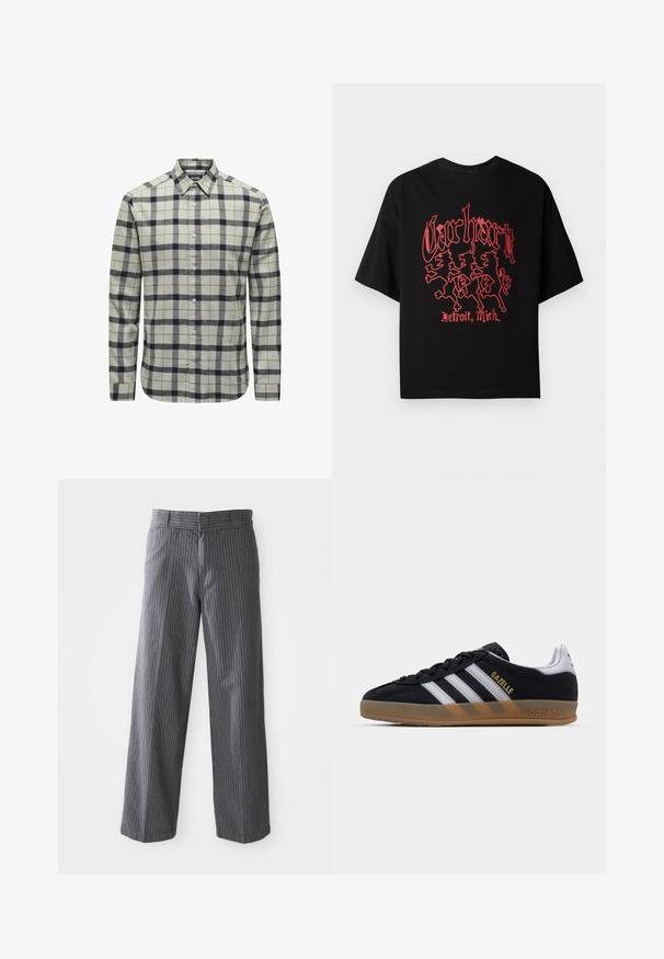 Chemise à boutons de couleur gris clair avec un motif vichy bleu marine et marron, dotée de longues manches, d'un col pointu et de détails en bouton.; T-shirt noir à manches courtes en coton, arborant un graphique rouge audacieux avec trois figures de lions et le texte "Carhartt, Detroit, Mich."; Un pantalon large à rayures gris avec passants de ceinture, devant plat et ourlets droits, présenté sur un fond blanc.; Baskets en daim noires avec des rayures blanches, semelle en caoutchouc beige et logo "Gazelle" en or. Design classique à tige basse, avec un upper texturé.