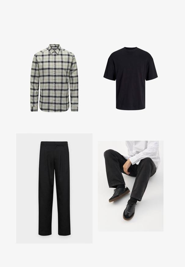 Hemd mit Knopfleiste in Hellgrau mit navy- und braun kariertem Muster, mit langen Ärmeln, spitzem Kragen und Knopfdetails.; Schwarzes Baumwoll-T-Shirt mit Rundhalsausschnitt, kurzen Ärmeln und lässiger Passform. Glatte Oberflächenstruktur und keine sichtbaren Muster oder Akzente.; Schwarze Hose aus glattem Stoff, mit geradem Bein Design, zwei vorderen Falten und einem Standardbund mit Gürtelschlaufen.; Schwarze Sneakers mit einer glatten und strukturierten Oberfläche, ausgestattet mit einer Gummisohle und dunklen Schnürsenkeln. Kombiniert mit schwarzen Jeans und einem gestreiften weißen Hemd.