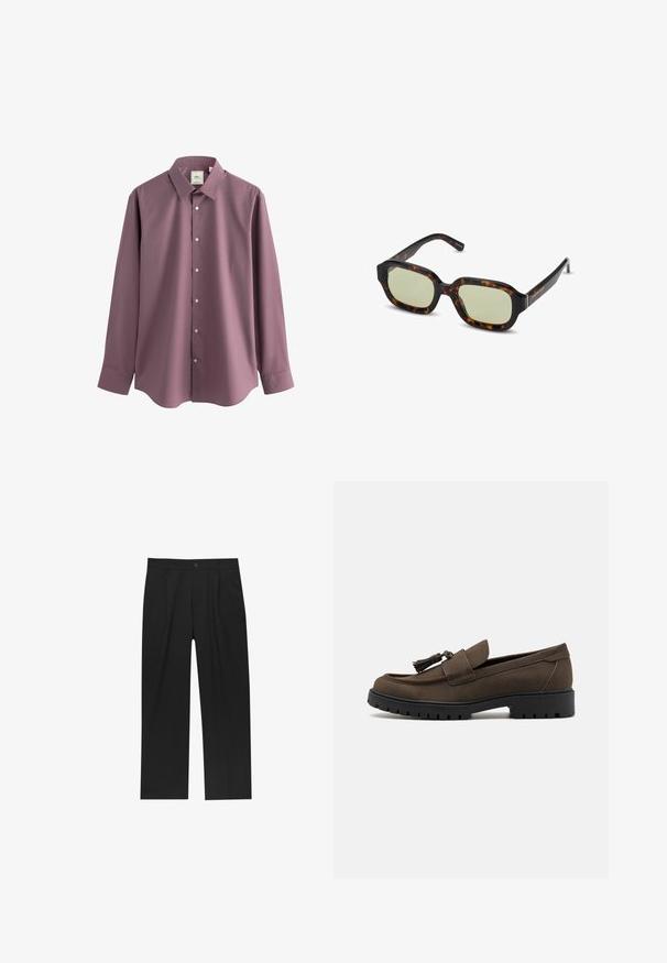 Next REGULAR FIT SINGLE CUFF - Zakelijk overhemd - mauve pink; Zwarte t-shirt met korte mouwen van katoen. Ronde halslijn, losse pasvorm, gladde textuur en zonder zichtbare patronen of grafische elementen.; Zwarte broeken met een recht model, gemaakt van een gladde stof. Voorzien van een voorplooien en een enkele knoopsluiting bij de taille.; Bruine suède instappers met een gladde bovenkant, ronde neus en decoratieve kwast. Beschikken over een robuuste zwarte rubberen zool voor grip.; schildpadbril met groengetinte lenzen, rechthoekige vorm, brede monturen en een gladde afwerking. Accenten op de slaap.
