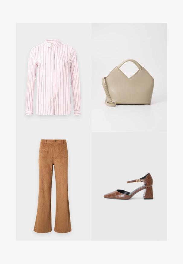 Camisa rosa claro com riscas verticais em marrom, mangas longas, fecho de botões à frente e colarinho clássico. Tecido suave e design ajustado.; Calças flared em camurça castanha com uma cintura alta, bolsos dianteiros e traseiros, e uma textura suave. Projetadas para um ajuste relaxado ao longo da perna.; Sapato de salto em couro patente castanho com bico quadrado, padrão textura crocodilo, tiras no tornozelo com fivela dourada e salto grosso.; Bolsa estruturada bege com um topo em forma de V, material de couro liso, alças curtas e uma alça longa ajustável. Design minimalista.