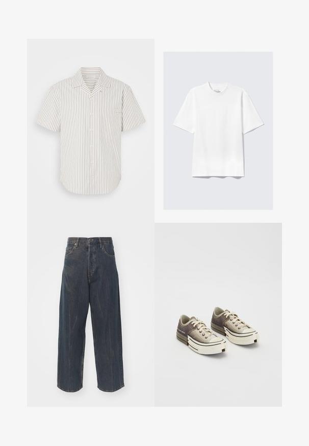 Camisa de botón de manga corta en beige claro con rayas oscuras verticales, que cuenta con un bolsillo en el pecho y un cuello de solapa.; Camiseta blanca de manga corta, de corte relajado, dispuesta sobre un fondo gris claro.; Vaqueros de mezclilla oscuros de pierna ancha con una sutil textura desgastada, cinco bolsillos y un cierre clásico de botón y cremallera en la cintura.; Zapatillas de baja altura hechas de materiales texturizados en gris y beige, con suelas de goma blanca, cordones y acentos de marca en el lateral.
