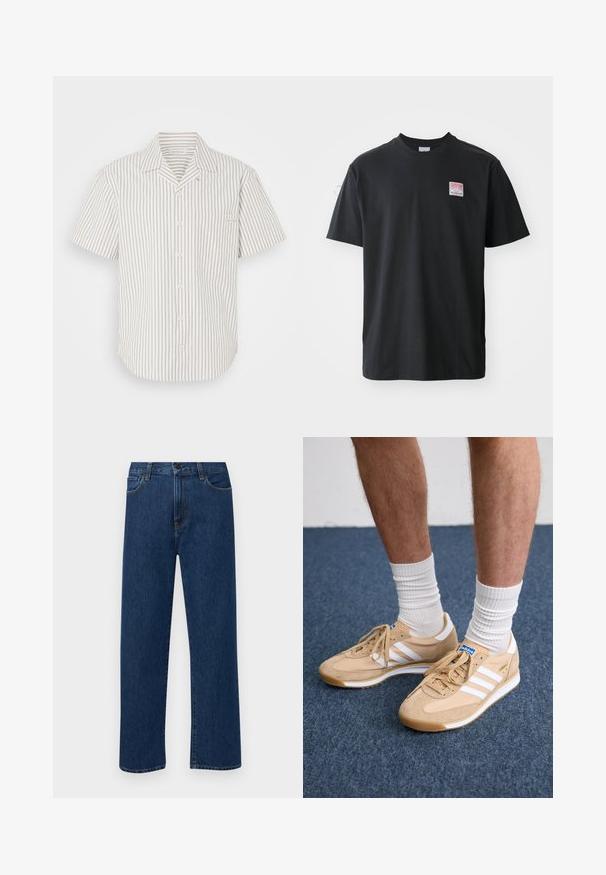 Camicia a maniche corte con bottoni di un leggero beige, caratterizzata da strisce verticali scure, dotata di taschino sul petto e colletto classico.; T-shirt in cotone nero con collo rotondo, maniche corte e una piccola etichetta colorata sul petto sinistro che presenta la parola "SUPERIOR."; Jeans in denim di un blu scuro a gamba dritta con tasche anteriori e chiusura con bottone, esposti su uno sfondo bianco semplice.; Sneaker beige in suede con strisce e lacci bianchi. Presentano una tomaia testurizzata, una suola morbida e un'etichetta logo blu sulla linguetta.