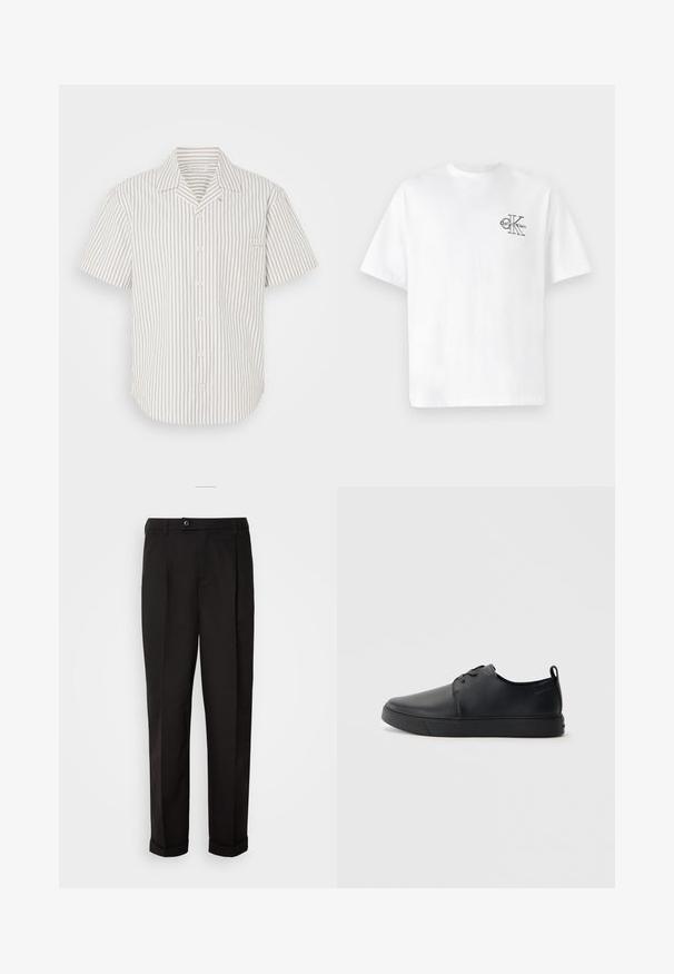Kratek rokav, srajca s gumbi v svetlo bež barvi z navpičnimi temnimi črtami, z žeparjem na prsih in ovratnikom, ki se zloži.; Bela bombažna majica s kratkimi rokavi, krožnim izrezom, s črnim CK logotipom na levi strani prsnega dela, standardne velikosti, gladke teksture.; Črne hlače z gladko teksturo, z ravnim krojem, dvema sprednjima žepoma in zapiranjem na en gumb v pasu.; Črne usnjene športne čevlje z gladko površino, okroglo oblikovano nosilo, toniranim šivanjem, vezanjem spredaj in ravnim gumijastim podplatom. Zanko na peti.