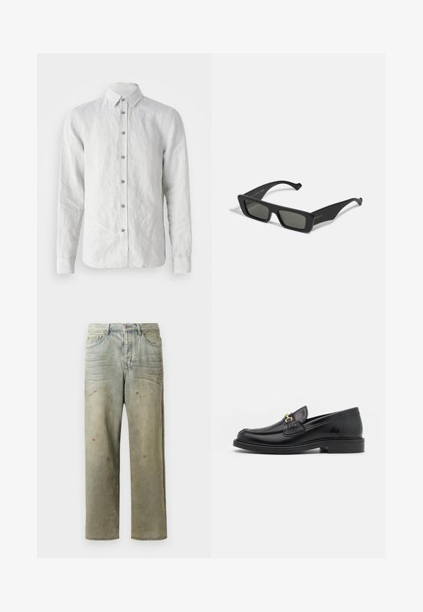 Balta lina krekls ar garām piedurknēm un norādītām apkaklēm, ar septiņiem pogām priekšpusē un nedaudz teksturētu audumu.; Izsistās džinsās gaisā zaļā krāsā, ar taisnu kāju, piecu kabatu dizainu un nevienmērīgu izbalēšanu, kā arī krāsas šļakatas.; Melnas ādas loafers ar noapaļotu degunu, ar zelta aparatūras akcentu un šuvju detaļām, uz zemas, teksturētas gumijas zoles.; Melnas taisnstūra saulesbrilles ar tumšiem stikliem, izgatavotas no gludas plastmasas. Satur zelta burtnīcas uz sāniem, plānas rokturi un mūsdienīgu dizainu.