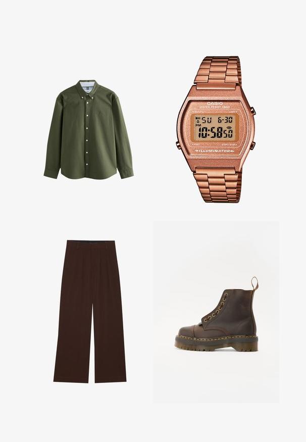 Alyvų žalia ilgarankovė marškinėliai su mygtukų apykakle, priekiniais mygtukais ir mažu siuvinėtu logotipu. Minkšta medžiaga su struktūriniu dizainu.; Penkių marškinėlių rinkinys: juodi, šviesiai žali, béžiniai, šviesiai violetiniai ir balti. Kiekvieni turi apvalų iškirpimą ir trumpas rankoves, pagaminti iš medvilnės.; Rudi plačiai praplečiami kelnių su klostėmis. Pagaminti iš lygaus audinio, su pritaikytu liemeniu ir šoninėmis kišenėmis. Lygus apačios kraštas.; Rudos odinės kulkšninių batus su apvalia nosimi, kontrastinga geltona siūle, dekoratyviniais metaliniais akių skyreliais ir grioveliuota guma pagrindu.; Skaitmeninis Casio laikrodis su rožinės aukso metaline juosta, stačiakampiu korpusu, apšviečiamu ekranu ir atsparumu vandeniui, rodomas laikas ir data.