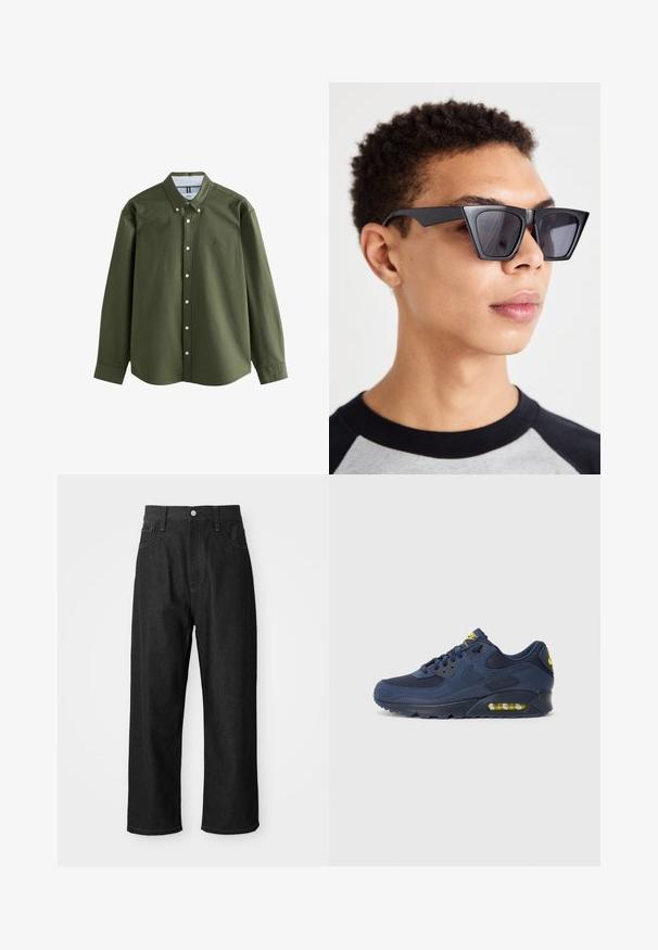 Alyvų žalia ilgarankovė marškinėliai su mygtukų apykakle, priekiniais mygtukais ir mažu siuvinėtu logotipu. Minkšta medžiaga su struktūriniu dizainu.; Juodi džinsai su laisvu siluetu, aukštu liemeniu, užtrauktuko uždarymu ir penkių kišenių dizainu. Matoma siuvinėjimo akcentai visur.; Tamsiai mėlyni Nike Air Max sportbačiai su zomšiniu ir tinkliniu paviršiumi, su geltonais akcentais, raištelių uždarymu ir matoma oro pagalve pada.; Juodos kampinės saulės akinių su tamsiais objektyvais, pasižyminčių drąsiu geometriniu dizainu ir matinio paviršiaus apdaila. Juos nešioja žmogus su trumpais plaukais.