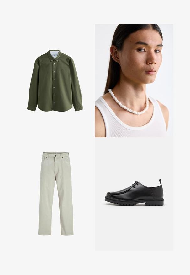 Oliwkowa koszula z długim rękawem, z kołnierzykiem na guziki, guziki z przodu oraz małym haftowanym logo. Miękki materiał o ustrukturyzowanym fasonie.; Jasnobeżowe dżinsy w stylu prostym, o pięciu kieszeniach i guzikowym zapięciu w pasie, z minimalną liczbą detali szwów.; Czarne skórzane buty zapinane na sznurowadła z wytrzymałą podeszwą i uchwytem na pięcie, pokazane z boku na białym tle.; Biała muszelkowa naszyjnik składający się z nieregularnych kształtów, noszony na dopasowanym białym podkoszulku. Gładka tekstura z subtelnym połyskiem, przylegający fason.