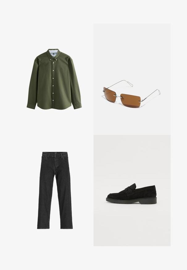 Maslinasto zelena košulja dugih rukava s reverom na dugmad, prednjim dugmima i malim izvezenim logotipom. Mekana tkanina sa strukturiranim dizajnom.; Crne traperice s ravnim krojem, s patentnim zatvaračem, petljama za pojas i šest džepova, izrađene od čvrste mješavine pamuka.; Crne samočiste čizme od nubuka s niskim potpeticama, s jednostavnom trakom na gornjem dijelu i teksturiranim detaljima uz bočne strane.; Smeđe pravokutne sunčane naočale s tankim srebrnim žičanim okvirom i potporama na nosu. Leće su ravne i blago obasjane.