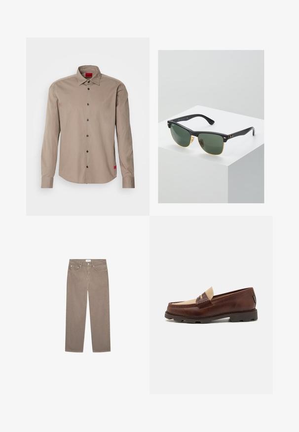 Košile s dlouhým rukávem ve světle hnědé barvě z bavlny, s límečkem se zapínáním na knoflíky, černými knoflíky a malou červenou štítkem na spodním okraji.; Hnědé džíny rovného střihu s five-pocket designem, kovovým hardwaru a hladkou texturou. Tkanina má jemný, rovnoměrný vzor.; Hnědé kožené mokasíny s taupe plátěným akcentem, prošívanými detaily a texturovanou gumovou podrážkou navrženou pro pohodlí a odolnost.; Sluneční brýle Ray-Ban se zelenými skly, černými plastovými rámy a zlatými akcenty na okrajích. Čtvercový tvar s matným povrchem.