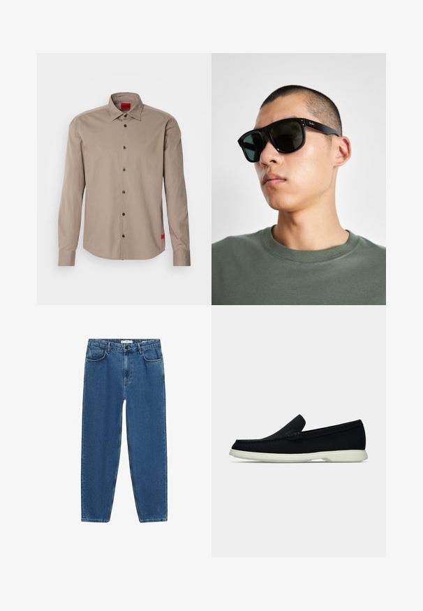 Dlhý rukáv košele v svetlohnedej bavlne s golierom na gombíky, čiernymi gombíkmi a malou červenou nášivkou na leme.; Svetlomodré džínsy s rovnými nohavicami, s klasickým päticovým strihom a zapínaním na gombík v oblasti pása.; Čierne nazúvacie topánky s okrúhlou špičkou, s textúrovaným zvrškom, hladkou bielou podrážkou a jemným brandingom po boku.; Čierne obdĺžnikové slnečné okuliare s tmavými sklami, s charakteristickým tvarom a značkou na ramene. Nosí ich osoba v zelenej košeli.
