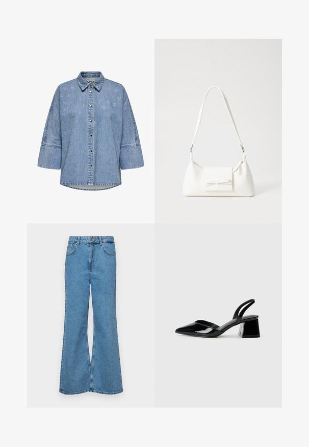 Svijetloplavi traper košulja dugih rukava s kopčanjem sprijeda, oštrim okovratnikom i ukrašenim uzorcima srca.; Svetlo modri razširjeni džins hlače iz denima, z visokim pasom, petimi žepi in enim gumbom za zapiranje. Mehka tekstura z blagim zbledelim videzom.; Črne lakirane slingback pete s koničastim nosom in geometrijsko blokasto peto. Imajo eleganten, minimalističen dizajn in gladko teksturo.; Bela sintetična torbica v obliki trikotnika, z ravnim sprednjim poklopcem in detajlom mašne, nastavljivim trakom, gladko teksturo in minimalističnim dizajnom.