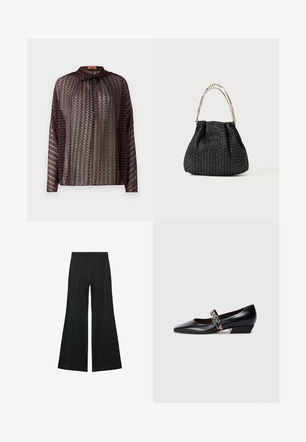 Blúzka s vzorom, ktorá má vysoký golier, dlhé rukávy a viazanie. Materiál má textúrovaný, lesklý povrch v tmavočervenej a striebornej farbe.; Čierne široké nohavice s hladkou textúrou, s prednými záhybmi a elegantným strihom. Materiál je ľahký a pruhlý.; Čierne kožené lodičky na vysokom podpätku s špicatou špičkou, ktoré majú viacfarebný remienok a zlaté kovanie. Nízky, uhlový blokový podpätok.; Čierna textúrovaná kabelka s vzorom rybej kosti, zberným dizajnom a kovovým reťazovým rúčkom. Mätový materiál ponúka elegantný vzhľad.