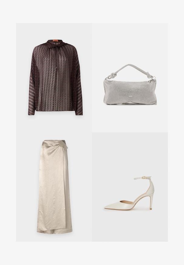 Rakstainā blūze ar augstu apkakli, garām piedurknēm un aukliņu aizdari. Materiāls ar teksturētu, spīdīgu apdari tumši sarkanās un sudraba krāsās.; Garšīga, bēša svārku dizainā, izgatavota no spīdīga, teksturēta auduma. Iezīmēta ar aplokšņu dizainu ar sānu loku akcentu un tīru apdari.; Baltas ādas augstpapēžu kurpes ar smailu purngala daļu, potītes siksniņu un šauru stiletto papēdi. Gluda tekstūra ar smalku spīdumu.; Metāla sietiņa plecu soma sudrabkrāsā, ar mezglotu rokturi, rāvējslēdzēju aizdari un ģeometrisku korpusa formu ar gludu tekstūru.