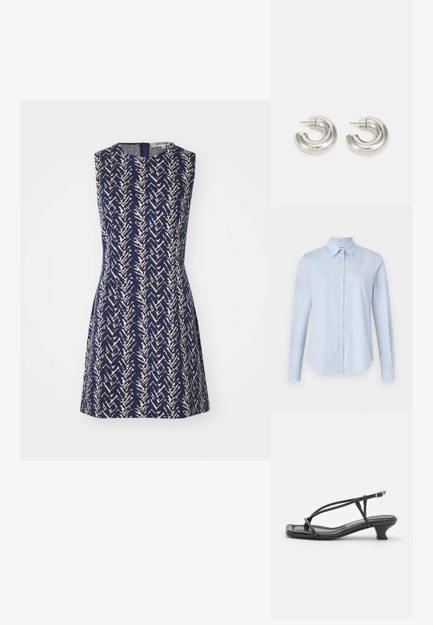 ASPESI CAMICIA - Skjortebluser - sky blue; Ærmeløs kjole i marineblåt stof med et cremefarvet zigzag-mønster, rund halsudskæring og lynlås lukning bagpå. A-line silhuet.; Sort lædersandal med tynde stropper, lav blokhæl og firkantet tå. Har en spænde lukning og glat tekstur.; Sølvfarvede hoops øreringe med et glat, buet design og tekstureret overflade, der har en stud post til fastgørelse.