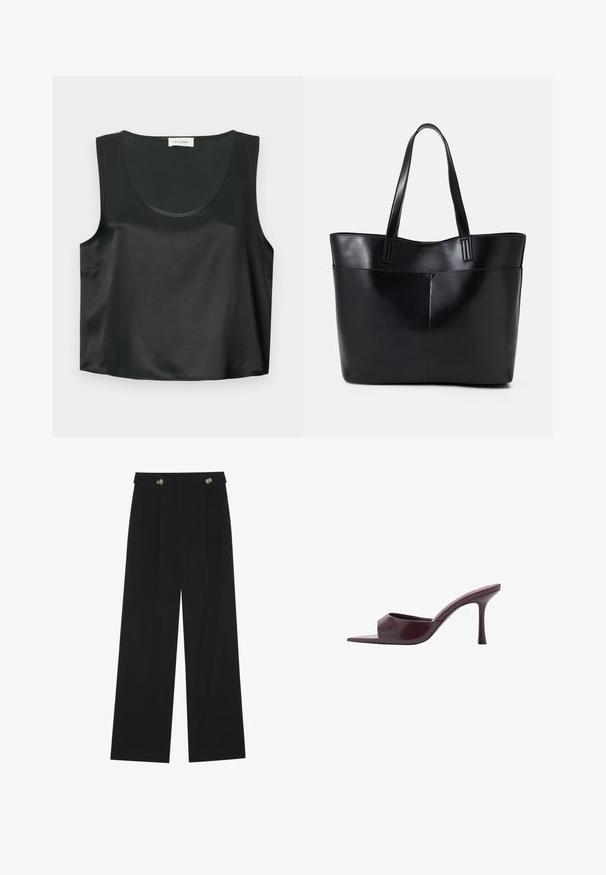 Čierny top bez rukávov vyrobený z hladkej látky s okrúhlym výstrihom a širokými prieramkami; má čistý, jednoduchý dizajn bez vzorov.; Čierne široké nohavice s vysokým pásom, so zapínaním na gombíky na páse a prednými sklady.; Burgundské lodičky na vysokom podpätku so štvorcovou špičkou, vyrobené z hladkej kože. Majú elegantný, minimalistický dizajn a zužujúci sa podpätok.; Čierna kožená tote taška s dvoma dlhými rúčkami, hladkým povrchom a štruktúrovaným tvarom. Obsahuje prednú kapsu pre dodatočné uskladnenie.