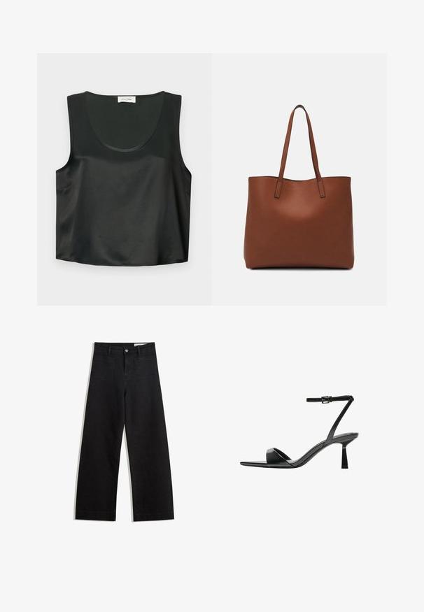 Fekete, ujjatlan blúz sima anyagból, kerek nyakkivágással és széles karöltőkkel; letisztult, egyszerű dizájn jellemzi, minta nélkül.; Fekete, bő szabású farmernadrág magas derékkal, elülső és hátsó zsebekkel, varrott felületekkel és gombos záródással. Sima textúra.; Bershka Magas sarkú szandálok - black; Barna bőr vászontáska sima textúrával, nyitott tetejű dizájnnal és két vállpánttal. Minimális varrással és látható hardver nélkül készült.