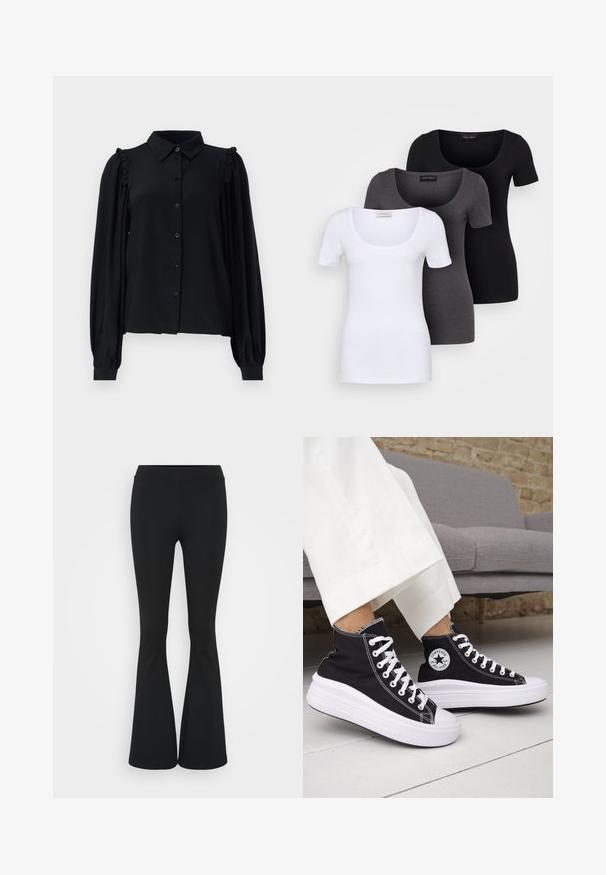 Juoda ilgarankovė palaidinė su saga užsegimu priekyje, raukšlėmis dekoruotais pečiais, minkšta tekstūra ir laisvu siluetu.; Trys priderinti marškiniai: balti, pilki ir juodi. Kiekvienas turi plačią apvalią iškirptę ir trumpas rankoves. Pagaminti iš lygaus, tamprių audinio.; Juodai platėjantys kelnių, pagamintų iš tamprių medžiagų, kurie turi aukštą juosmenį ir lygią tekstūrą. Kelnės platėja nuo kelio.; Juodi aukštakulniai sportbačiai su baltais guminiu padu ir raišteliais. Ant jų yra apvalus logotipo lopas ir kontrastingos baltos siūlės. Pagaminti iš drobės medžiagos.