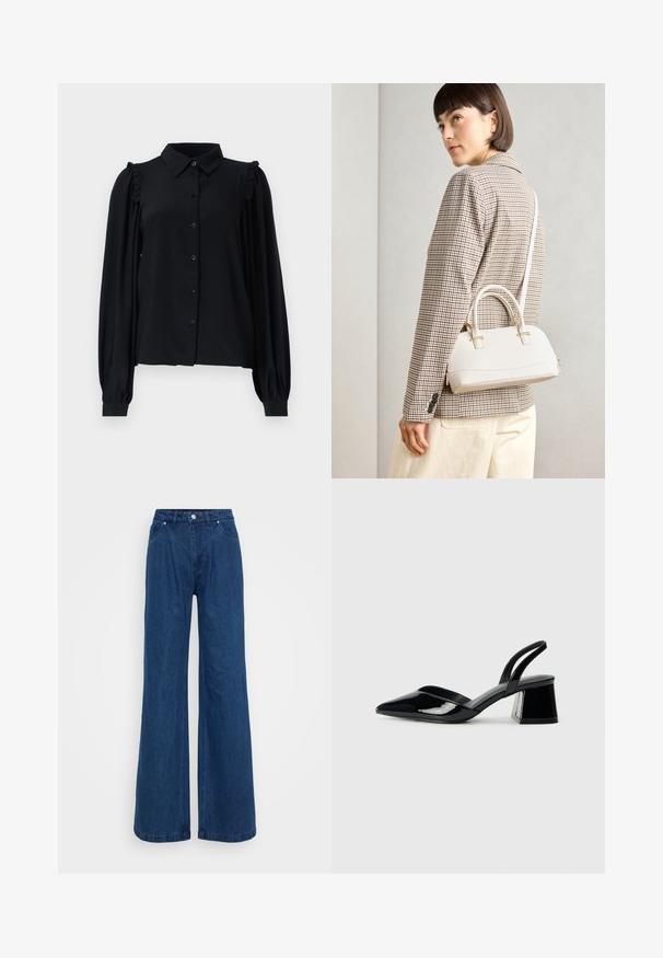 Black long-sleeve blouse with a button-down front, ruffled shoulder accents, soft texture, and a relaxed fit.; Wide-leg blue denim jeans with a high waist, front button and zipper closure, and front and back pockets against a plain background.; Black patent leather slingback heels with a pointed toe and a geometric block heel. Features a sleek, minimal design and smooth texture.; White structured handbag with short handles and a shoulder strap, featuring gold hardware accents and textured material, displayed against a grey background.