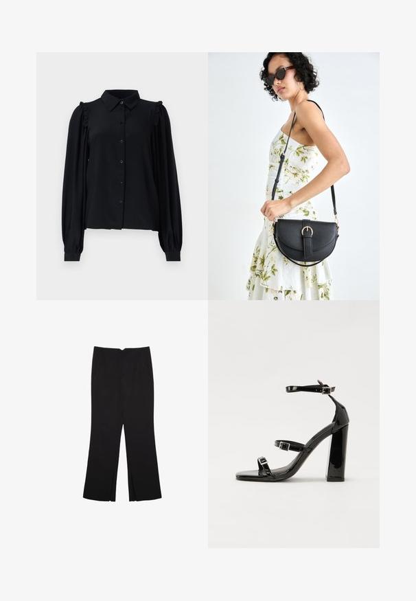 Schwarze Bluse mit langen Ärmeln, Knopfleiste auf der Vorderseite, Rüschendetails an den Schultern, weichem Material und lockerer Passform.; Schwarze Hose mit geradem Schnitt, ausgestattet mit Fronttaschen und Seitenschlitzen am Saum. Hergestellt aus weichem, glattem Stoff. Geeignet für verschiedene Anlässe.; Schwarze patentierte Sandalen mit Absatz, quadratischer Spitze, Knöchelriemen und silbernen Schnallen. Mit einem stabilen Blockabsatz für mehr Stabilität.; Schwarze Lederhandtasche mit geschwungener Form, abnehmbarem Tragegurt und goldenen Beschlägen. Die Tasche verfügt über einen Deckel mit einer Schnallen-Details.