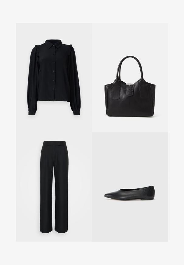Black long-sleeve blouse with a button-down front, ruffled shoulder accents, soft texture, and a relaxed fit.; Black wide-leg trousers made from a smooth fabric, featuring a high waist and subtle front pleats; no visible patterns or hardware.; Black leather ballet flat, pointed toe, minimalistic design, smooth texture, low-profile heel, no visible hardware or embellishments.; Black leather tote bag with smooth texture, structured shape, two handles, and a prominent silver buckle detail on the front.