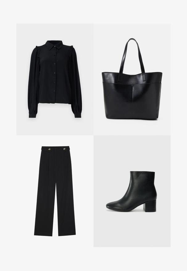 Black long-sleeve blouse with a button-down front, ruffled shoulder accents, soft texture, and a relaxed fit.; Black wide-leg trousers with high waist, button details on waistband, and front pleats.; Black leather ankle boots with a pointed toe and a chunky heel. Smooth texture with minimal accents and a sleek, fitted design.; Black leather tote bag with two long handles, a smooth texture, and a structured shape. Features a front pocket for additional storage.