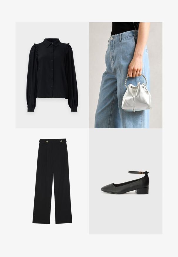 Black long-sleeve blouse with a button-down front, ruffled shoulder accents, soft texture, and a relaxed fit.; Black wide-leg trousers with high waist, button details on waistband, and front pleats.; Black leather pump with a pointed toe and a low block heel. Features an ankle strap with a gold-tone buckle. Smooth texture.; Metallic silver bucket bag with a textured finish, adorned with a silver round handle and drawstring closure, held against light blue jeans.