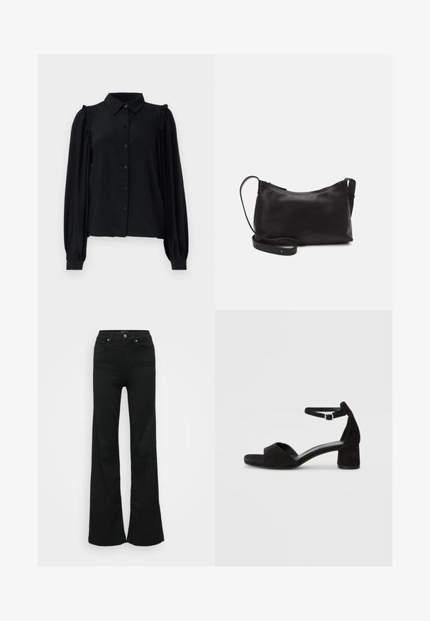 Black long-sleeve blouse with a button-down front, ruffled shoulder accents, soft texture, and a relaxed fit.; Black flared jeans made from denim, featuring a high waist, five pockets, and metal button closure. Smooth texture with minimal detailing.; Black suede heeled sandals with a thin ankle strap, open toe design, and a modest block heel. Smooth texture and minimal accents.; Black leather shoulder bag with a smooth texture, curved shape, adjustable strap, and a zip closure. Minimalist design without embellishments.
