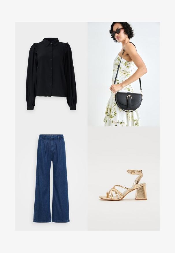 Čierna blúzka s dlhým rukávom, gombíkovým zapínaním, riasením na pleciach, jemnou textúrou a voľným strihom.; Modré džínsy s širokými nohavicami a vysokým pásom, viditeľným švom a hladkou textúrou. Žiadne vonkajšie vrecká nie sú viditeľné.; Zlaté metalické sandále na podpätku so strappy dizajnom, štvorcovým blokovým podpätkom a nastaviteľným členkovým remienkom so sponou. Hladká textura.; Čierna kožená kabelka s zaobleným tvarom, odnímateľným popruhom a zlatými doplnkami. Kabelka má klopu s detailom s prackou.