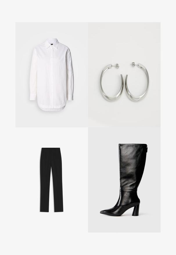 White button-up shirt with a collar, long sleeves, and a rounded hem. Made of cotton fabric with a smooth texture and subtle stitching detail.; Black tailored trousers with a straight-leg design, featuring front pockets and a smooth, textured fabric. Neat, minimal detailing.; Knee-high black leather boot with a pointed toe, smooth texture, and a chunky heel. Features a zipper detail at the back.; Silver hoop earrings with a smooth, curved design. Features a shiny metallic finish and stud closure. No visible patterns or accents.