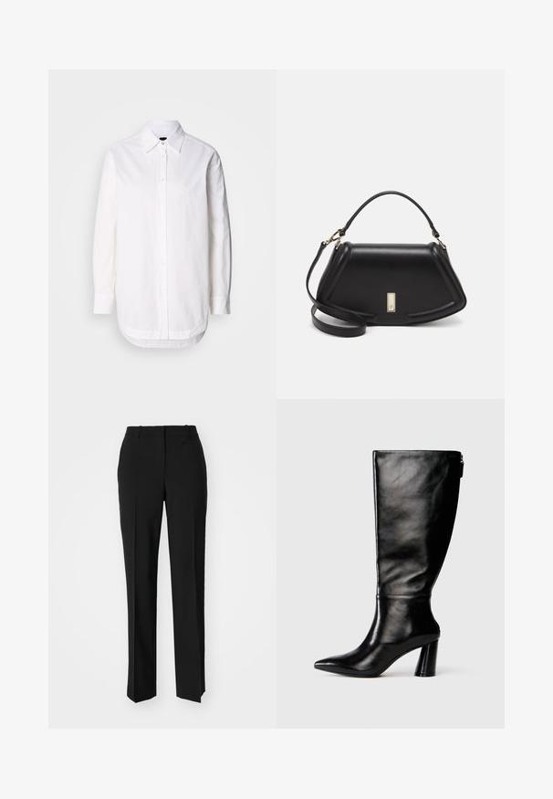 Camisa blanca de botones con cuello, mangas largas y dobladillo redondeado. Confeccionada en tela de algodón con una textura suave y un sutil detalle de costura.; Pantalones negros ajustados con un diseño de pierna recta, que presentan una textura suave y pliegues nítidos en el frente. Sin herrajes visibles.; Bota de cuero negro hasta la rodilla con punta afilada, textura suave y un tacón grueso. Presenta un detalle de cremallera en la parte de atrás.; Bolso de mano de cuero negro con un diseño estructurado, que presenta una forma recortada, asa superior y acentos en dorado. Correa de hombro ajustable incluida.